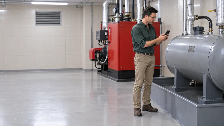 Un Arquitecto de Estudio TREO fotografía con el celular la placa de un tanque de gasoil en una sala de calderas